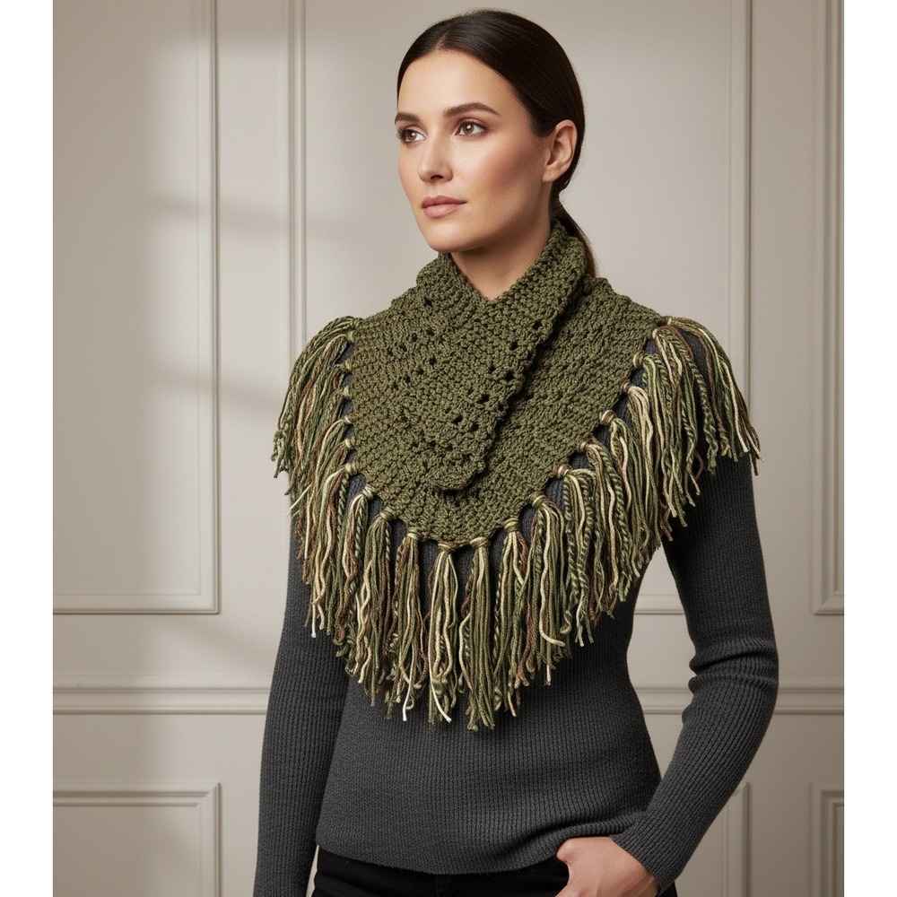 NEW Cowl Scarf Fringe Hand Knitted Olive Green Boho Eyelet Art Indie Mori Earthy